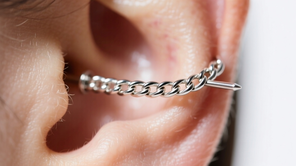 Close-up macro shot of a 20-gauge sterling silver cable chain threader earring sliding smoothly through a healed earlobe piercing