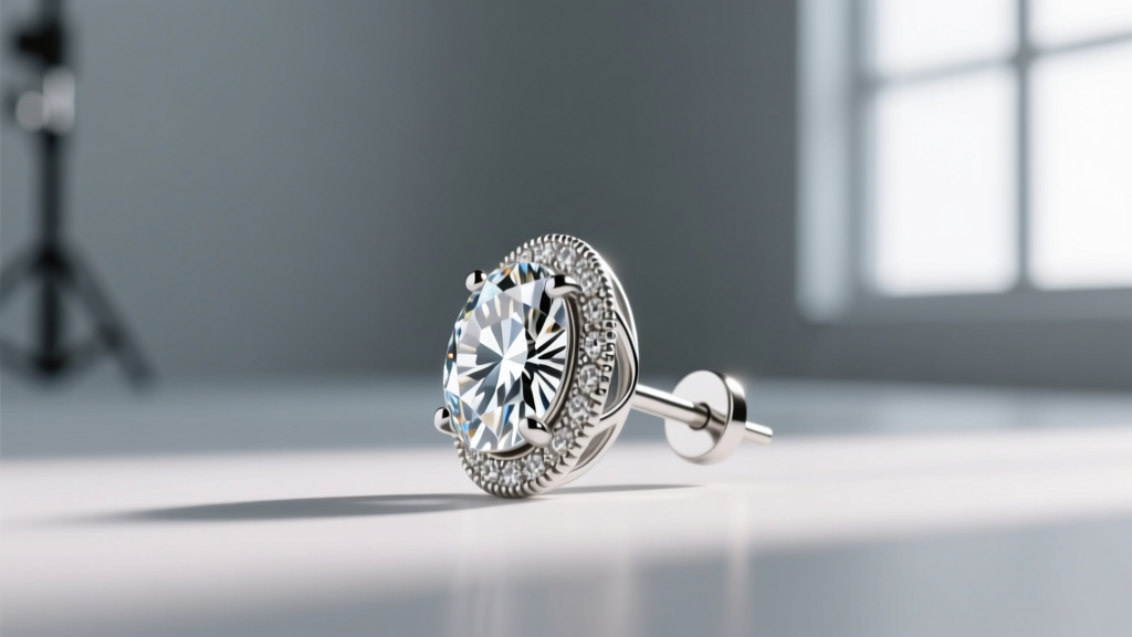 Side profile of an oval diamond stud earring showing the 20-gauge post and basket setting against a soft grey studio backdrop