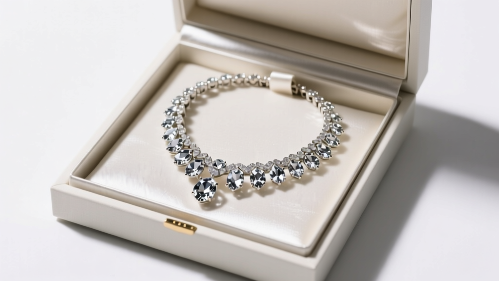 Foil-backed crystal necklace stored in an acid-free archival box with padded compartments to prevent tarnishing and physical damage.