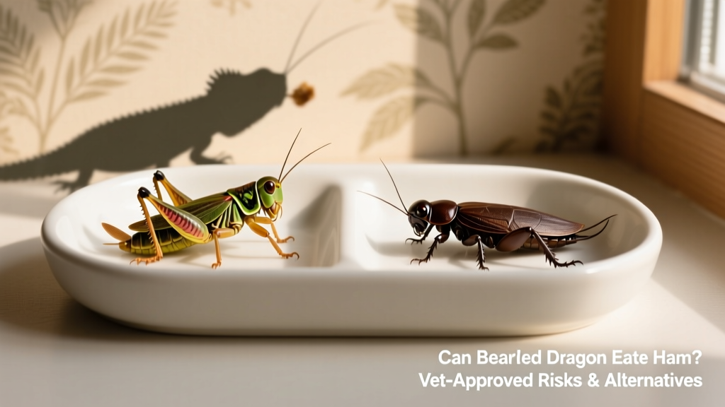 Side-by-side comparison of gut-loaded crickets and Dubia roaches in a clean feeding dish, ready for a bearded dragon