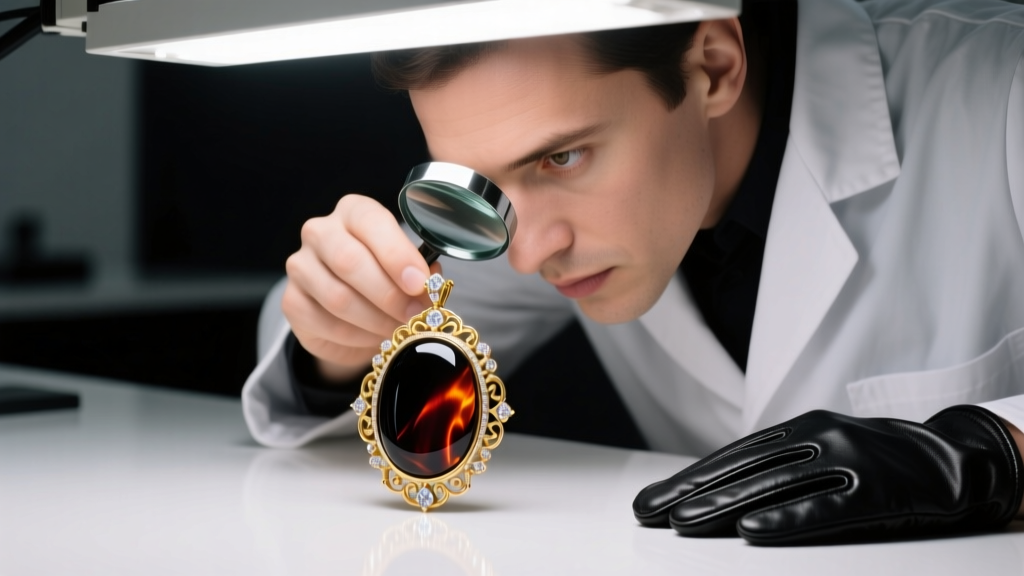 Jeweler using a loupe to inspect a mahogany obsidian pendant secured in a protective gold halo setting under bright bench light