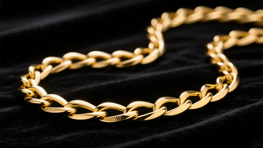 Yellow gold serpentine chain on dark velvet, showing flat S-shaped links and a brilliant high-polish finish under soft lighting.