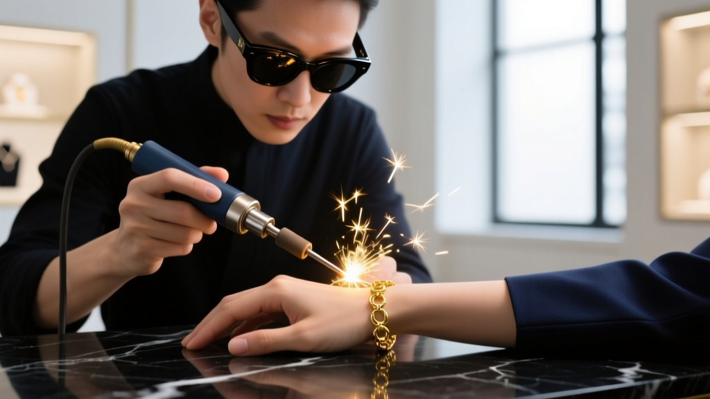 Jeweler in dark glasses using a micro-welder to fuse a gold bracelet on a client