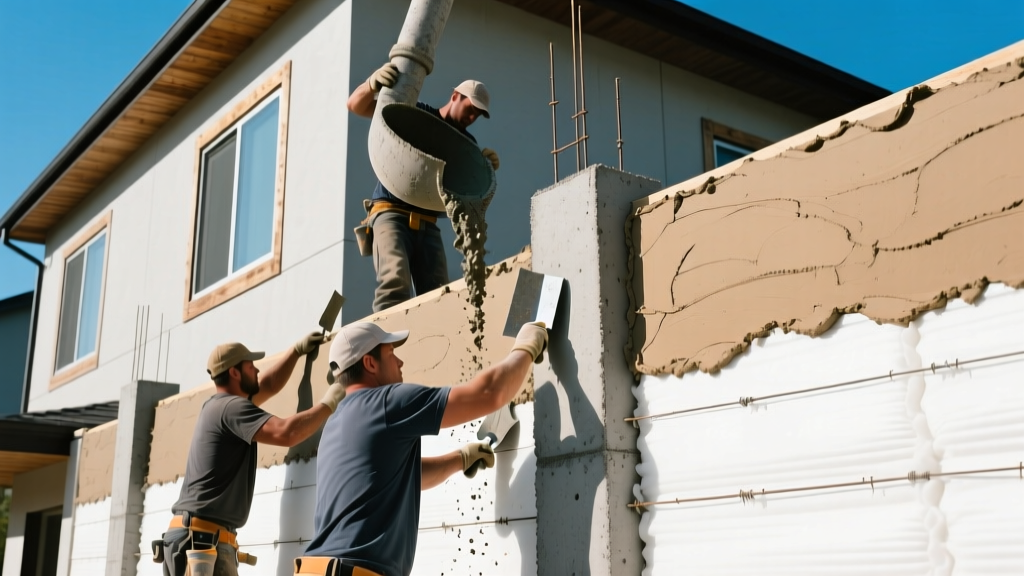 Crew pouring concrete into insulated forms alongside masons troweling tan stucco over wire lath on a residential exterior wall