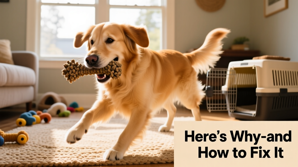 A happy dog mid-play with a durable chew toy, showing relaxed body language