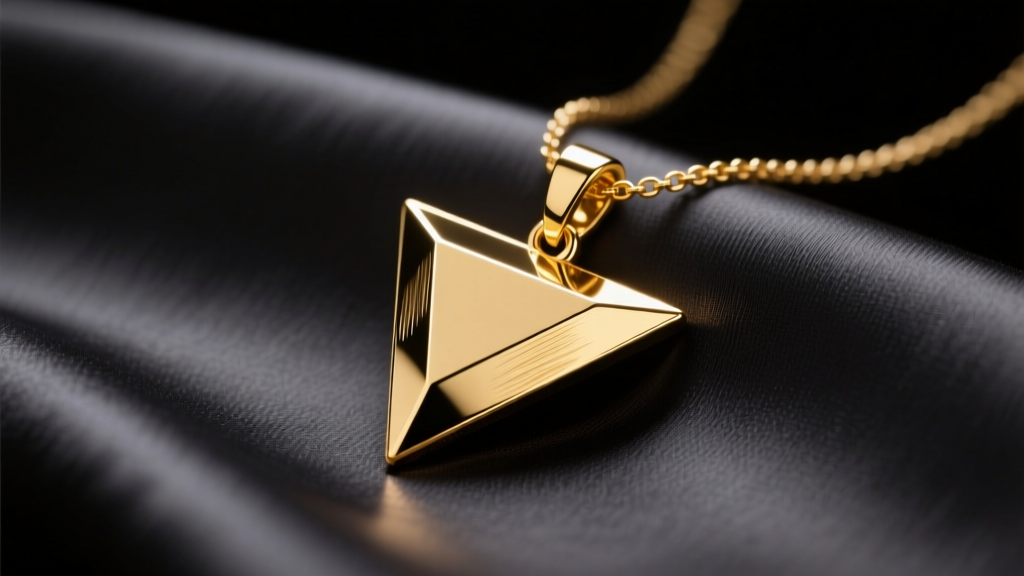 Polished 14k gold equilateral triangle pendant necklace resting flat on dark charcoal silk fabric under soft, warm studio lighting.