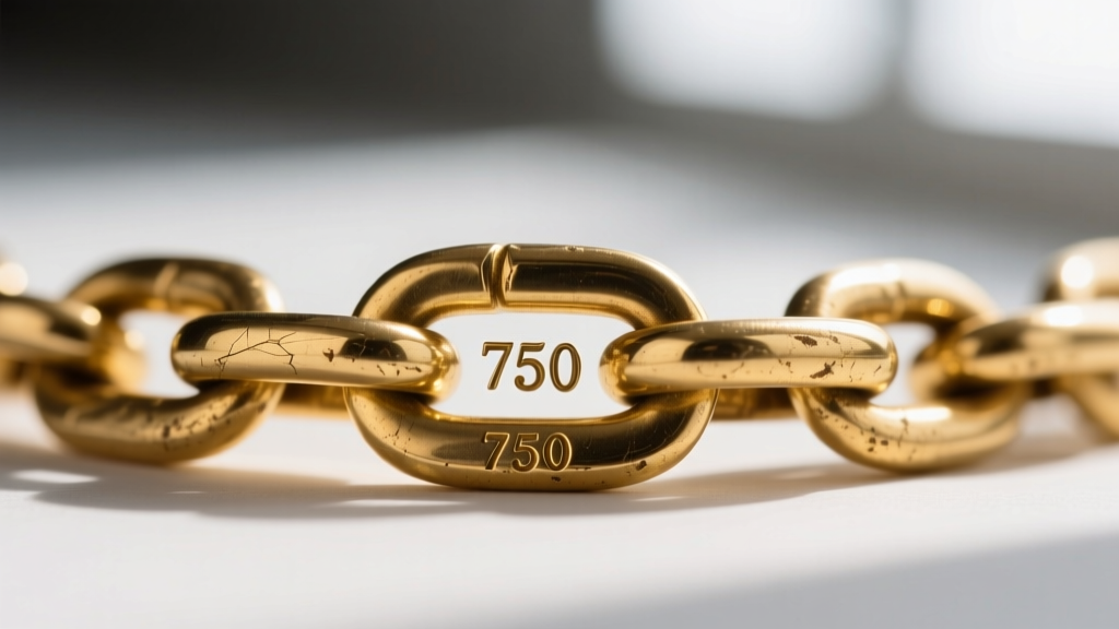 Extreme close-up of a vintage gold chain showing a 750 stamp next to a maker mark, highlighting crisp font edges and surface wear