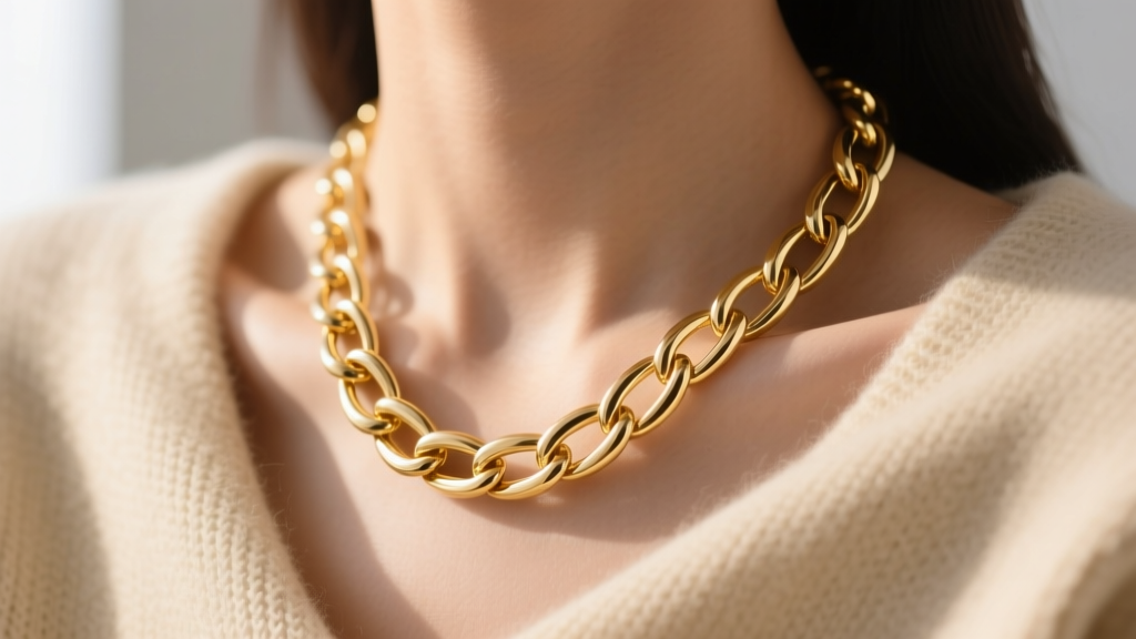 Close-up of an 18k gold 17.7 inch cable chain necklace resting on a collarbone against a soft beige cashmere sweater background.