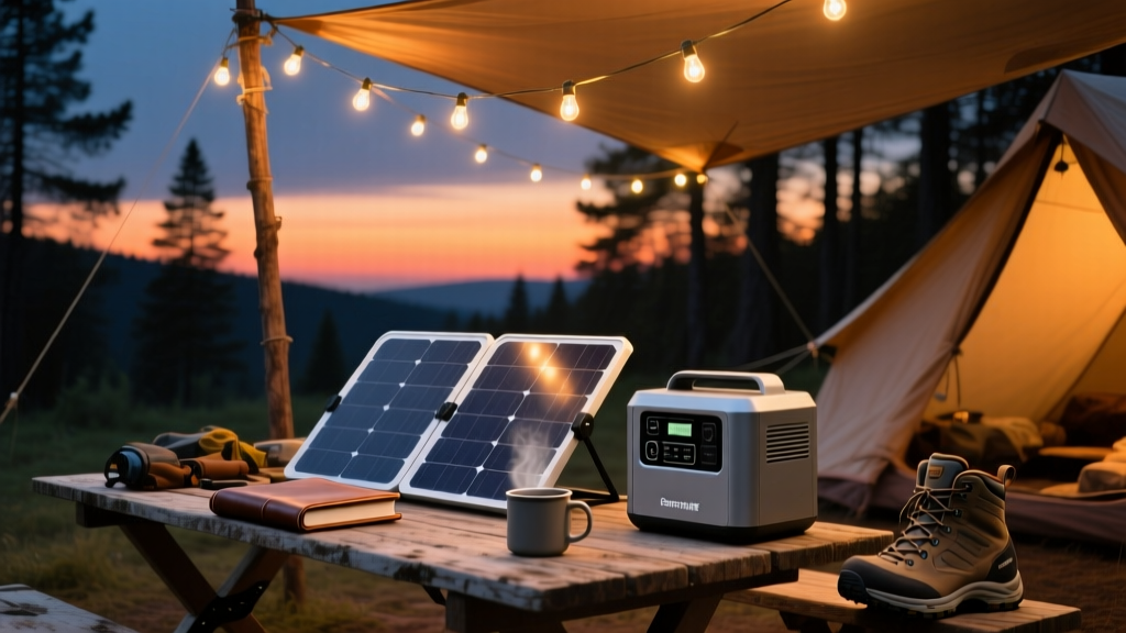 Off-grid campsite at dusk lit by string lights, powered by a sleek foldable perovskite solar array and a portable power station.