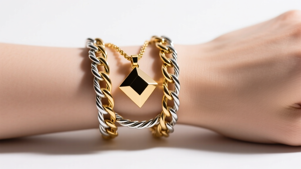 Macro shot of layered 14k gold and sterling silver rope chains with a geometric pendant under warm studio lighting on a model