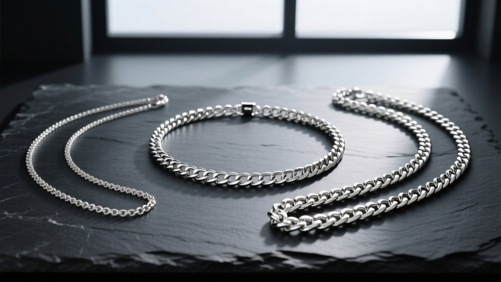 Flat lay of three silver chains: a 14-inch collar, an 18-inch princess chain, and a 30-inch opera chain on a dark slate surface.