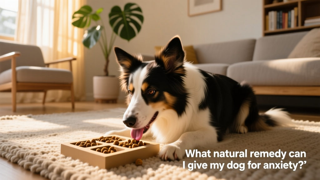 A border collie intently working on a puzzle toy filled with kibble, placed on a rug in a sunlit living room