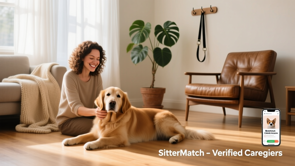 A calm, smiling person gently petting a relaxed dog in a sunlit living room