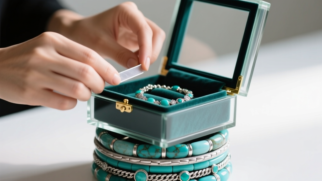 Hands placing an anti-tarnish strip into a velvet glass top jewelry box beside a stack of natural turquoise and silver bracelets.