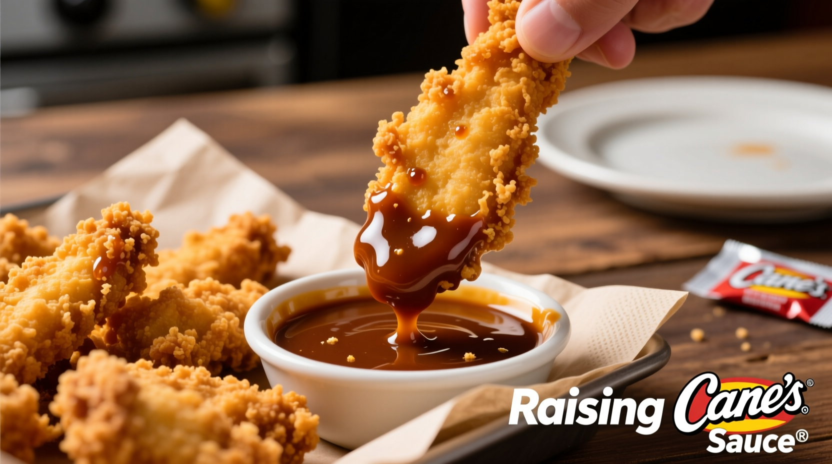 Close-up of Raising Cane's sauce dipping chicken fingers