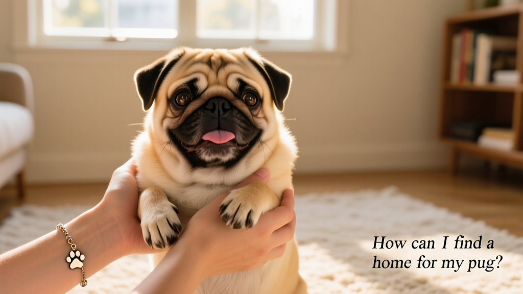 Two hands gently holding a Pug’s paws while smiling warmly, symbolizing trust and careful transition