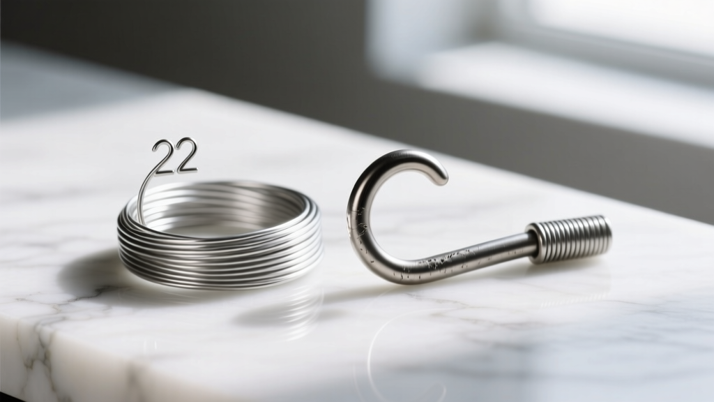 Macro photo of a thin 22-gauge silver wire beside a sturdy 16-gauge titanium french wire hook on a white marble surface