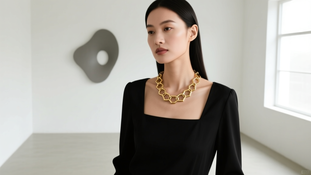 Woman wearing a layered honeycomb necklace with a gold chain over a black square-neck blouse in a softly lit minimalist room