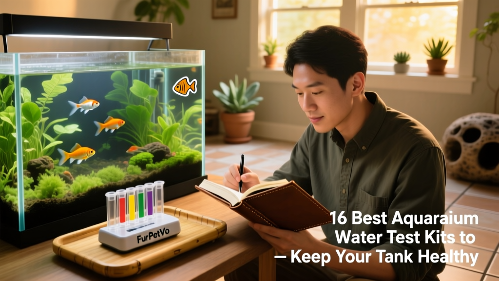 Aquarium owner recording test results in a logbook next to a FurPetVo test kit and healthy planted tank