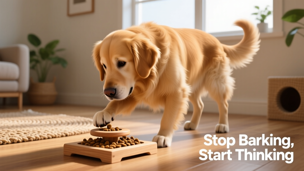 A dog intently working on a puzzle toy filled with kibble