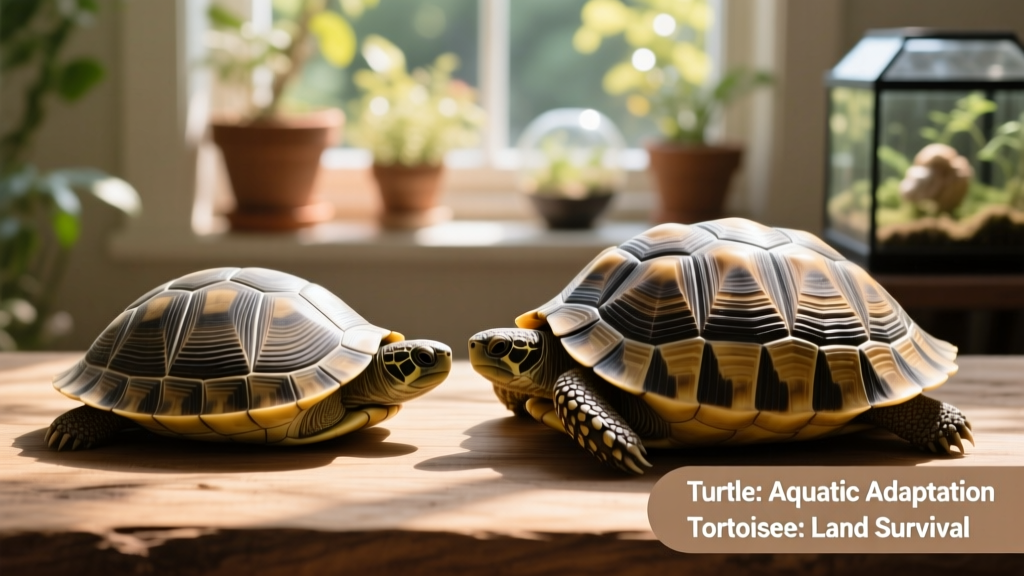 Side-by-side comparison of a turtle shell (streamlined, slightly domed) and a tortoise shell (highly domed, thick, and heavy)
