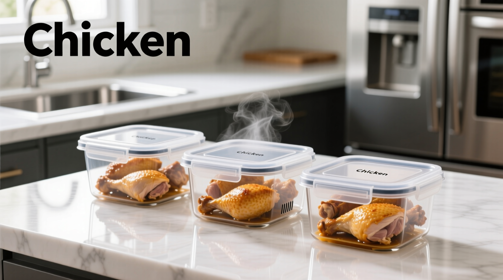 Cooked chicken in airtight containers ready for refrigerator storage