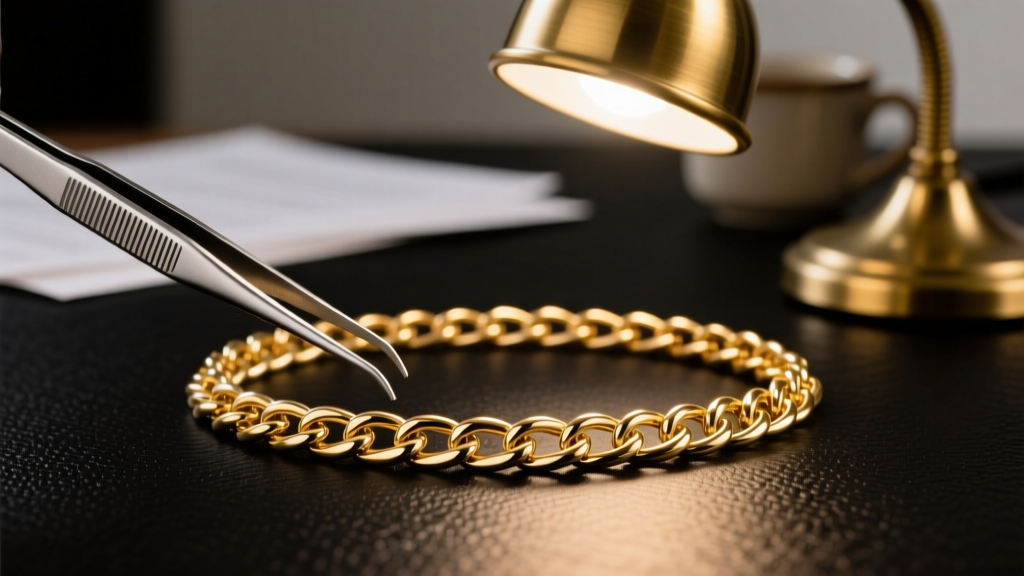 Macro shot of a kinked gold herringbone chain manipulated by titanium tweezers under the focused glow of a desk magnifying lamp