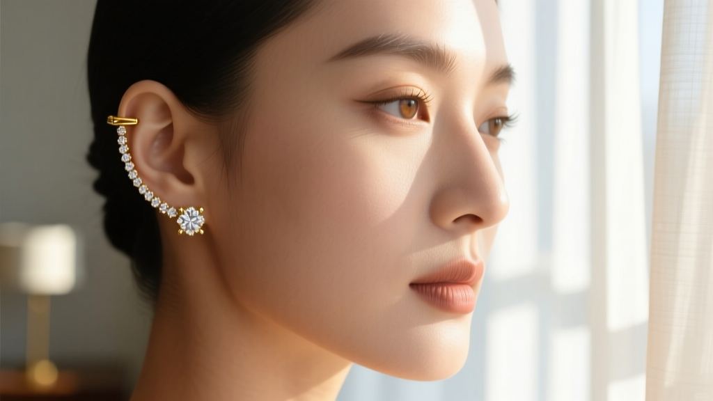 Profile close-up of a woman wearing a delicate 14k gold diamond ear crawler climbing up her cartilage in soft natural window lighting.