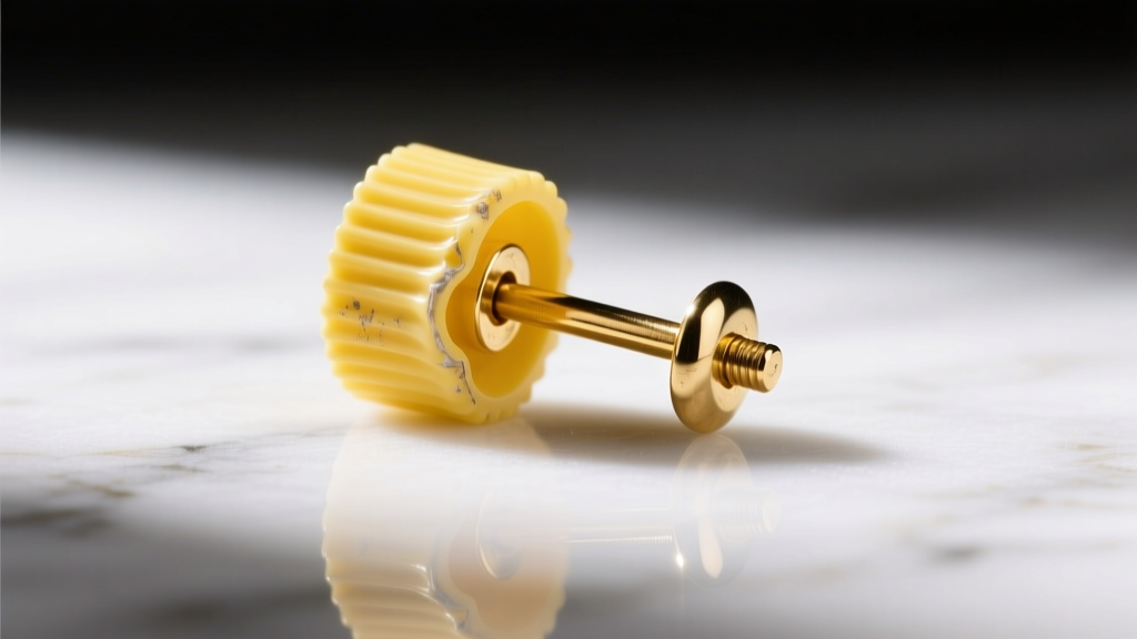 Macro shot of a yellowed plastic earring back stuck on a 20-gauge gold post, resting on white marble under bright studio light.