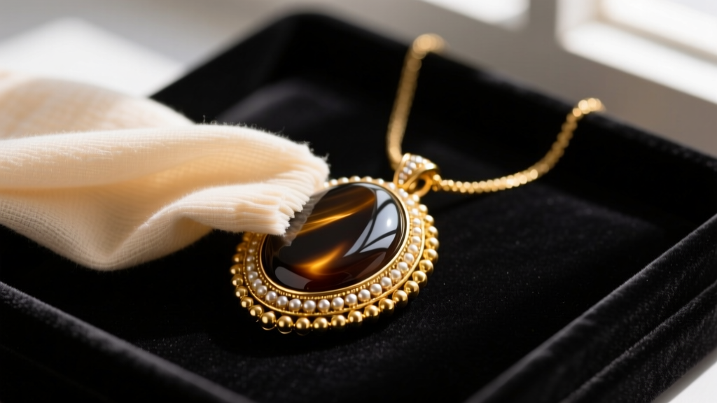 A soft microfiber cloth gently polishing the gold beaded edge of a VCA Sweet Alhambra onyx pendant on a dark velvet jewelry tray.