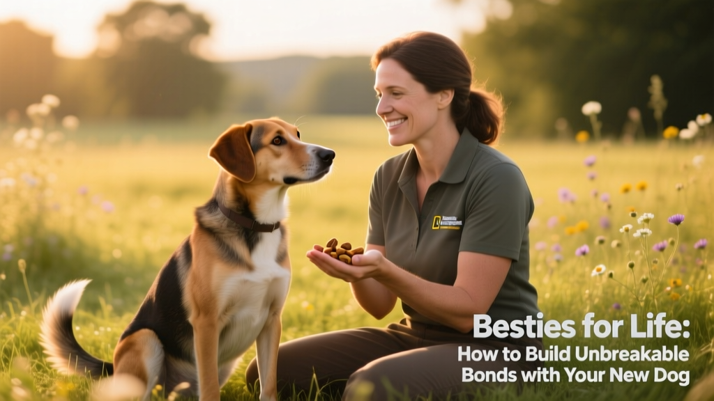 A trainer and dog sitting side-by-side on a grassy field, engaged in gentle eye contact and relaxed posture, with training treats visible in hand