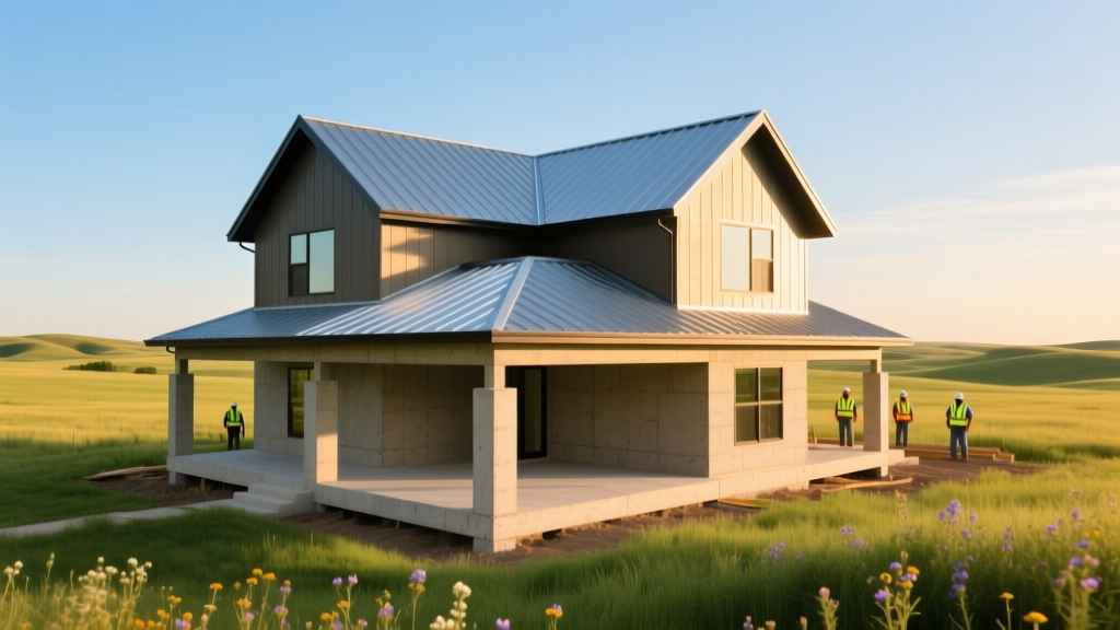 Modern two-story farmhouse with impact-resistant metal roofing and reinforced concrete porch being built on a sunny Kansas prairie lot