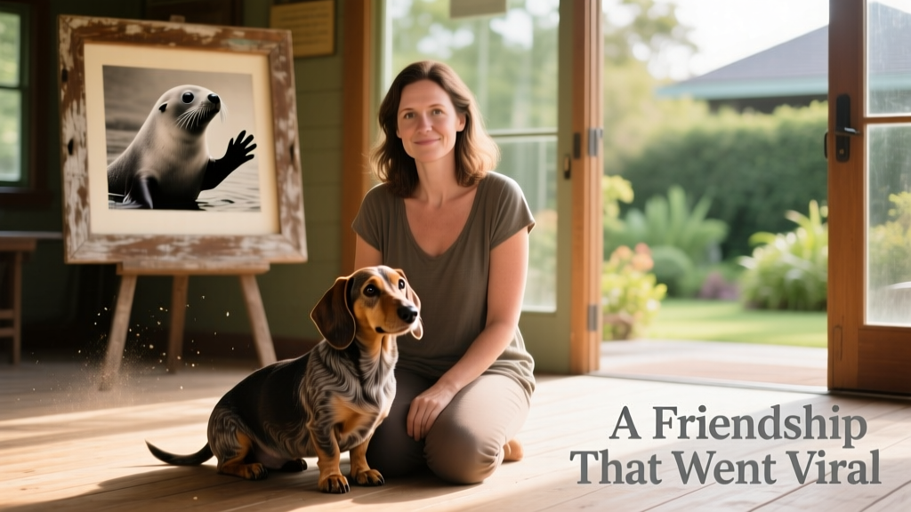 A warm, candid photo of Melanie holding Stanley beside a framed photo of Aayla displayed at the sanctuary visitor center