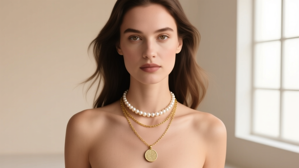 Woman wearing a layered stack with an Embreigh pearl choker, a delicate gold satellite chain, and a small textured coin pendant.