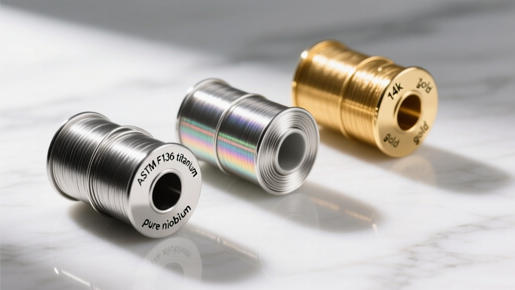 Three spools of jewelry wire labeled ASTM F136 titanium, pure niobium, and 14k gold, resting on a clean white marble surface.