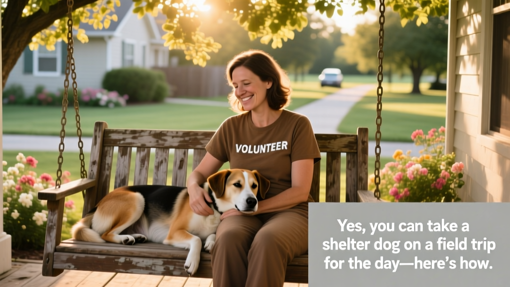 Volunteer and shelter dog sharing a relaxed moment on a shaded porch swing