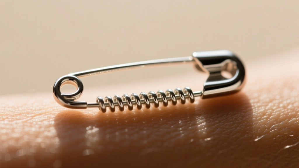 Macro shot of an 18-gauge argentium silver safety pin pendant showing the spring mechanism and polished finish against warm skin.