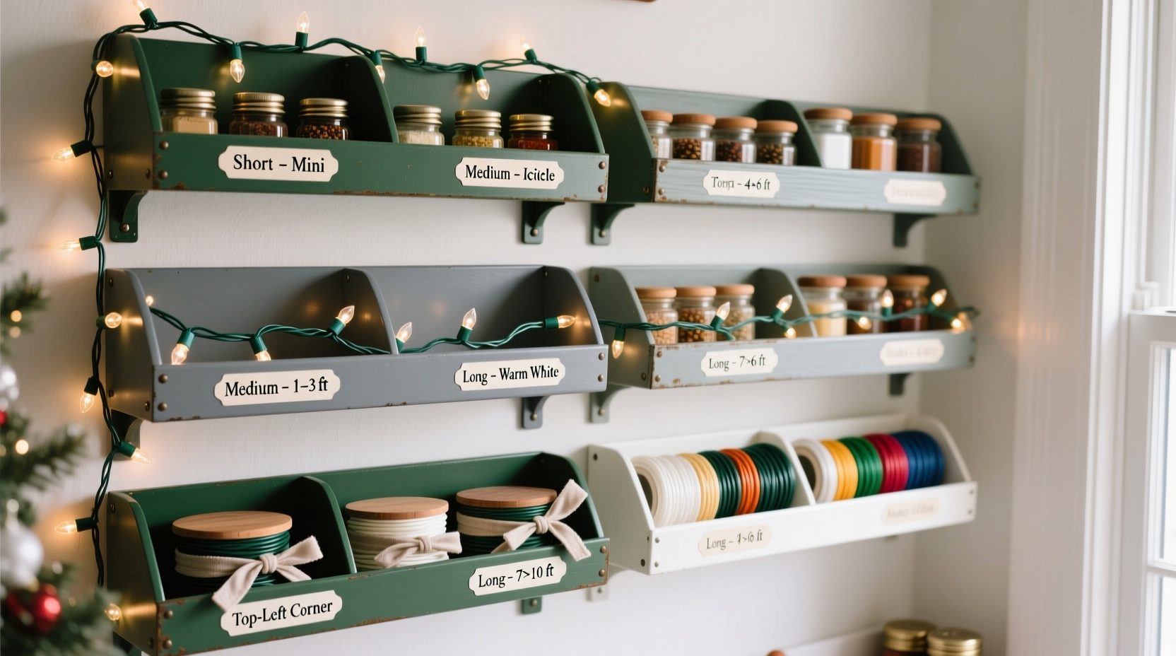 how to organize christmas lights by length and bulb type using upcycled spice racks