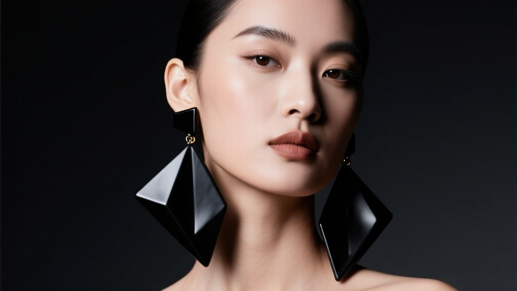 Model wearing large matte black ceramic geometric drop earrings, illuminated by dramatic studio lighting against a dark background