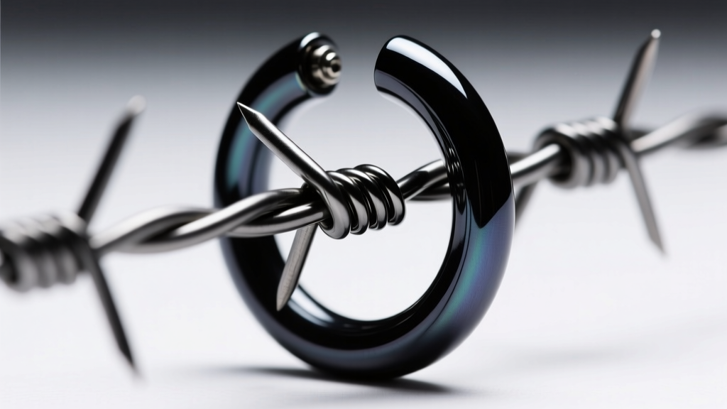 Macro shot of a 16-gauge steel barbed wire cartilage hoop highlighting the dark PVD coating and a secure threading mechanism.