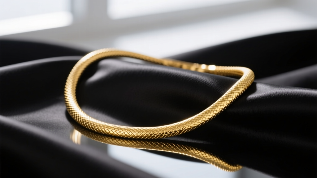 2mm 14k yellow gold flat snake chain necklace draped over black silk, showing its smooth liquid metal reflection in soft studio lighting.
