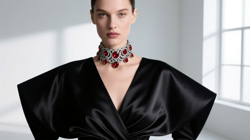 Model wearing a dark avant-garde black silk gown, accessorized with an elaborate oxidized silver and red diamond choker piece.