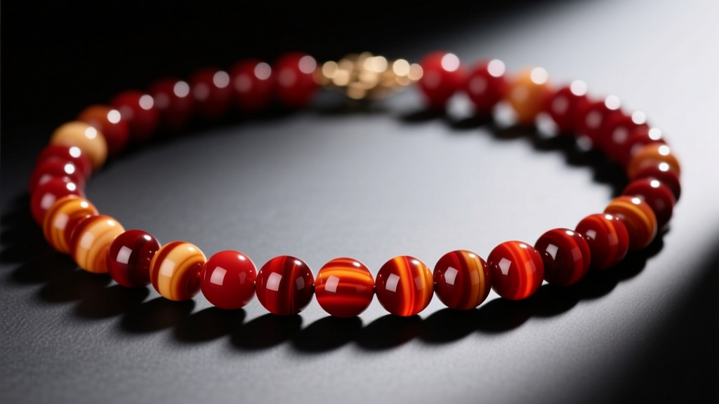 Macro photography of polished 8mm carnelian gemstone beads on a mens red necklace, showing natural color banding and high gloss.