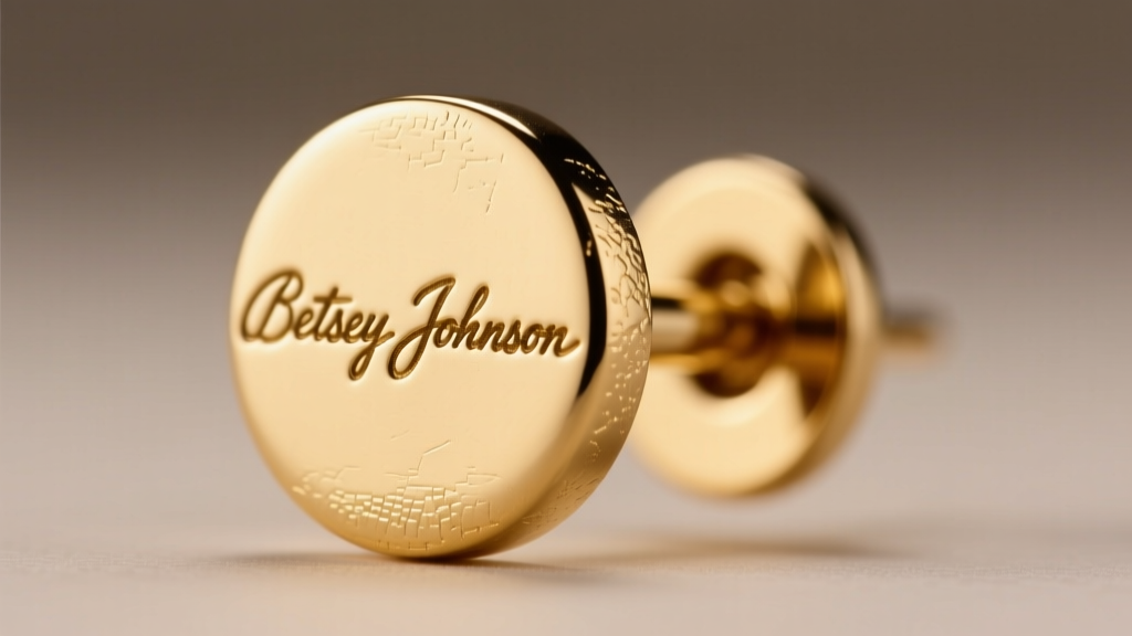 Macro close-up of gold-tone earring post stamped with Betsey Johnson logo, sharp focus against a neutral gray backdrop.