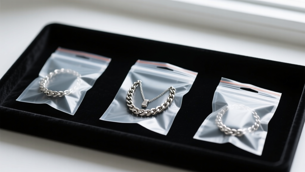 Steel friendship necklace pieces resting inside individual anti-tarnish polyethylene ziplock bags on a dark velvet jewelry tray.