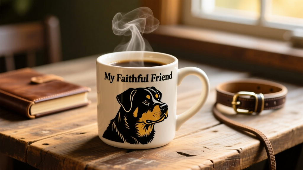 Rottweiler-themed ceramic mug with 'My Faithful Friend' design, placed beside a steaming cup of coffee on a wooden table