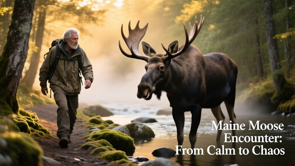 A hiker calmly stepping backward on a forest trail, maintaining distance from a moose standing near a stream