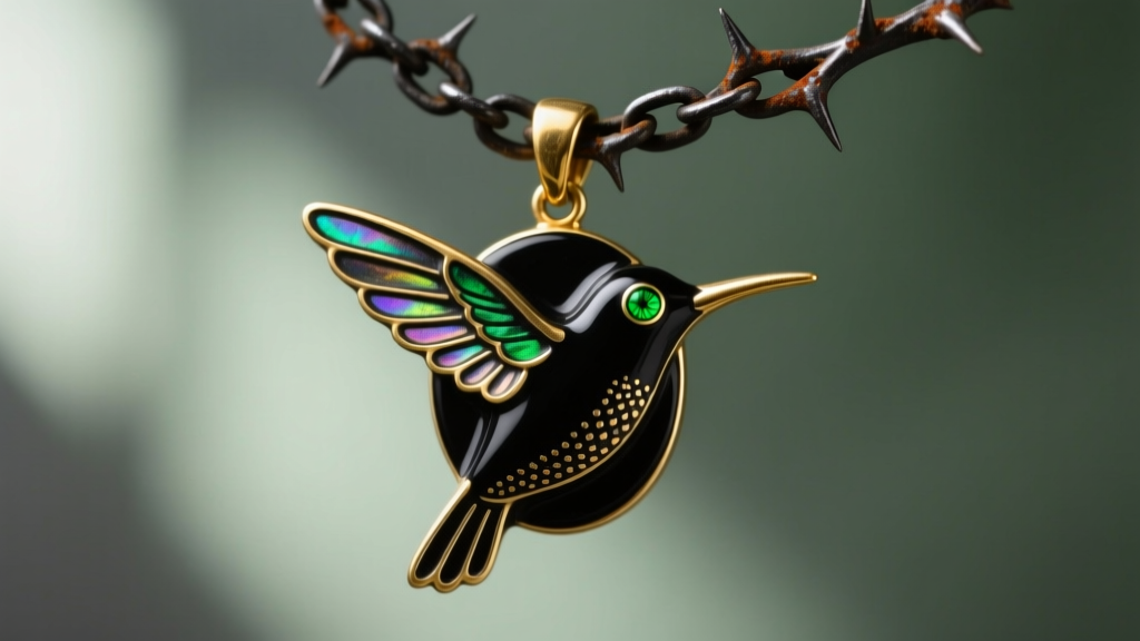 Detailed view of a black enamel and gold hummingbird pendant with emerald eyes, hanging from a dark thorn chain in vintage style