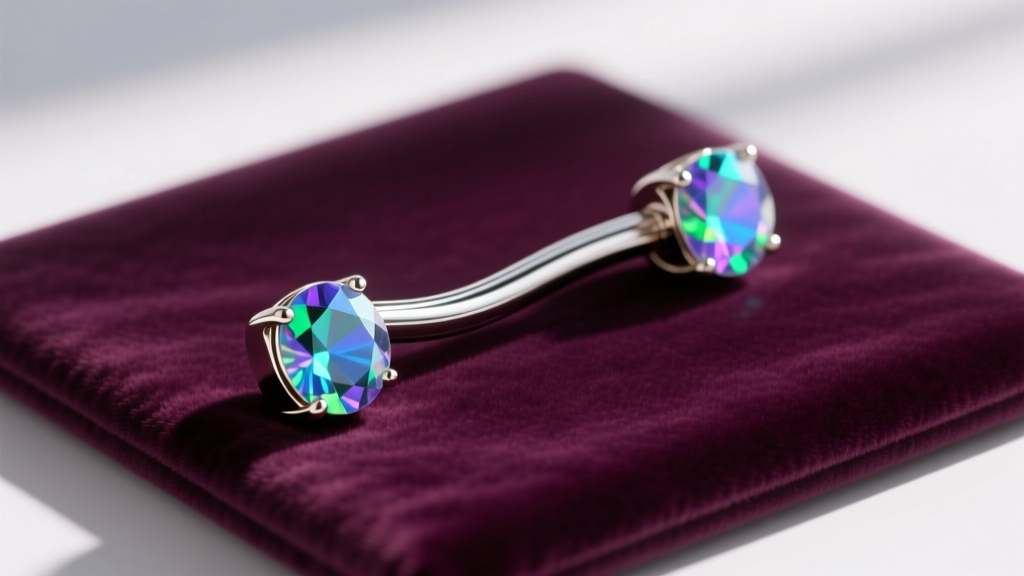 14-gauge curved barbell with opal gem ends on a velvet display pad, highlighting internal threading and smooth polished finish.