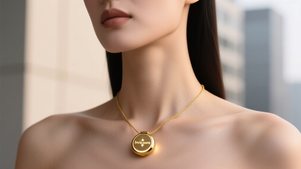 Close-up of a woman wearing an Invisaware gold pendant necklace that doubles as a covert panic button for emergency SOS alerts.